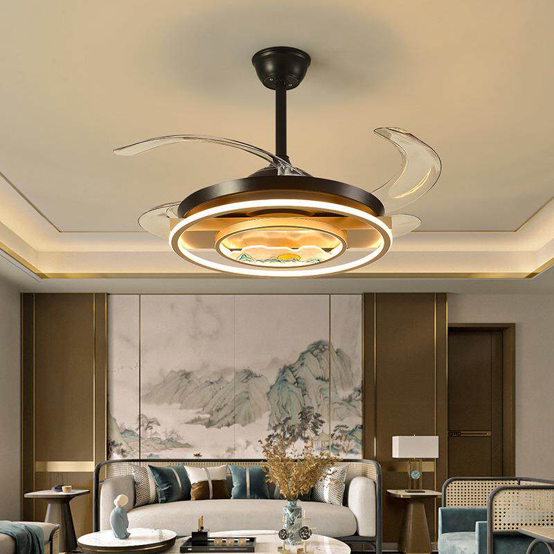 新中式风扇灯餐厅隐形电风扇卧室客厅静音一体简约现代创意吊扇灯