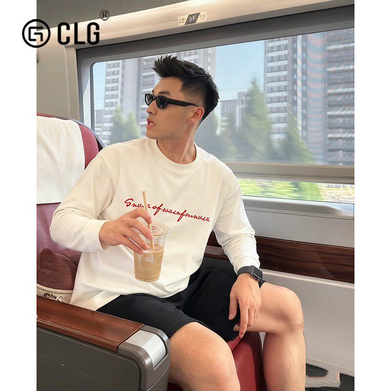 香港CLG潮牌休闲字母印花束口长袖T恤男生秋冬纯棉上衣重磅打底衫