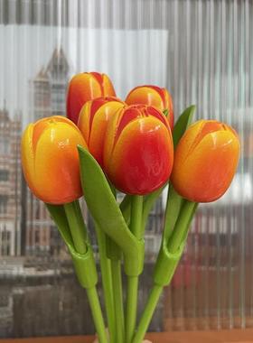 长叶柄纯木质郁金香仿真花居家装饰摆件插花荷兰纪念品可定制logo