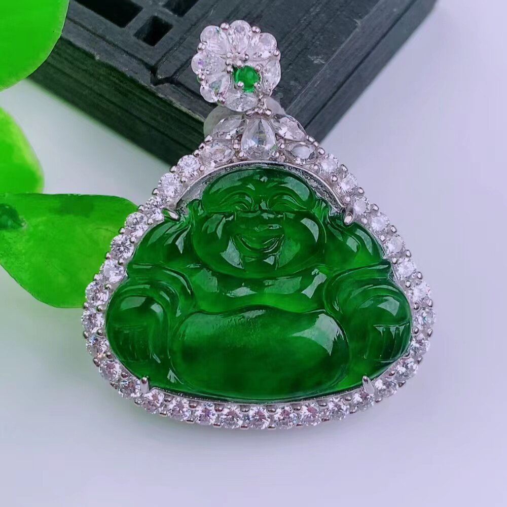 天然真品翡翠正品 水润气质细腻冰阳绿阳色满色精雕佛公吊坠8.66g