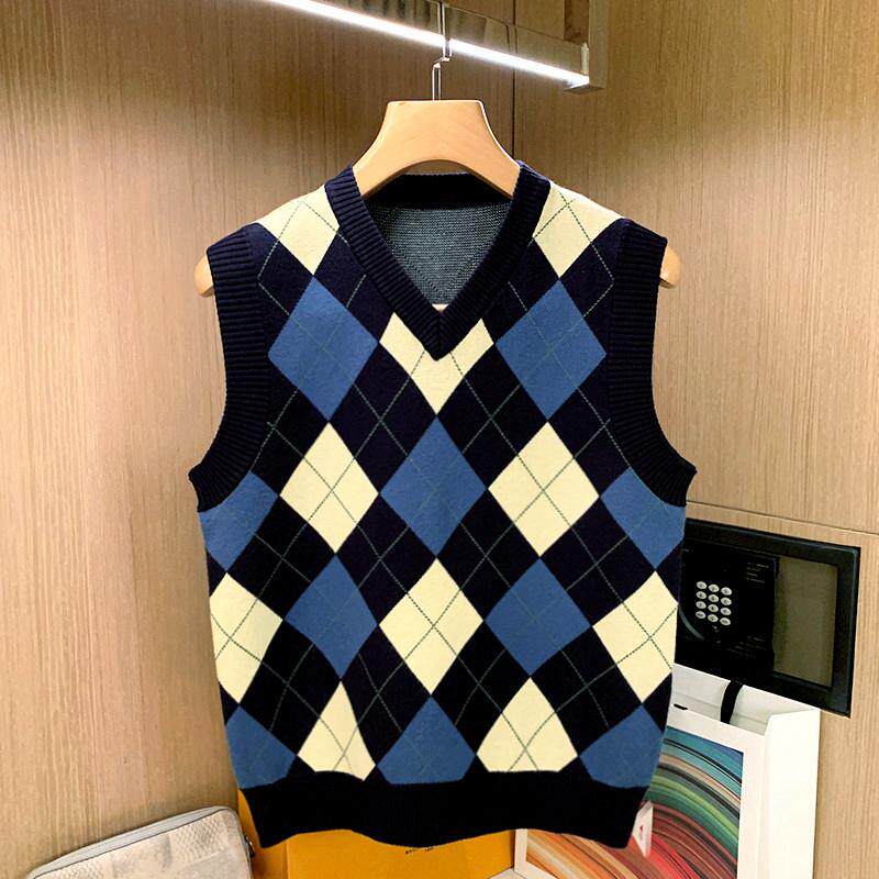 潮牌英伦复古撞色格纹提花鸡心领针织马甲男潮流坎肩毛衣背心男装