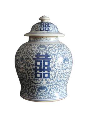 陶瓷器花瓶手绘喜字中式家居大号青花瓷瓶茶室茶叶罐装摆件