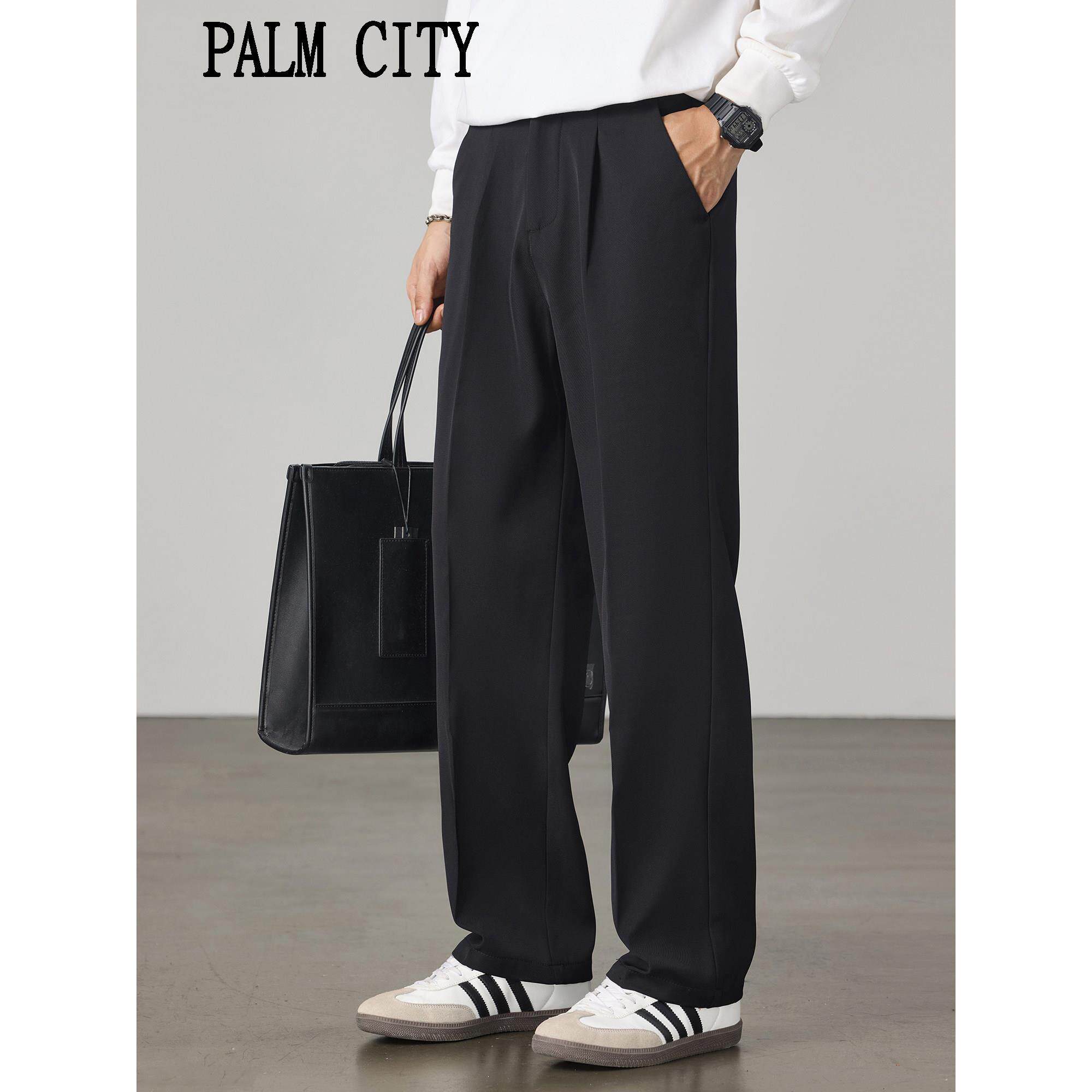 palm city高端黑色宽松休闲裤男潮流百搭高端垂感褶皱直筒西装裤