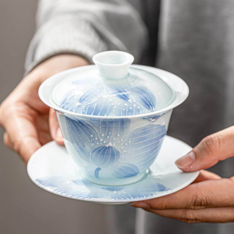 手绘盖碗单个泡茶杯白瓷薄胎家用不烫手功夫茶具套组三才带盖子茶