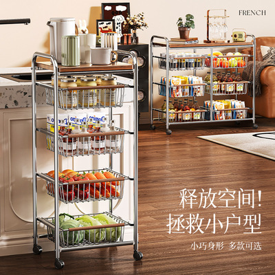 零食置物架小推车收纳架中古风客厅多层零食架子可移动厨房菜篮子