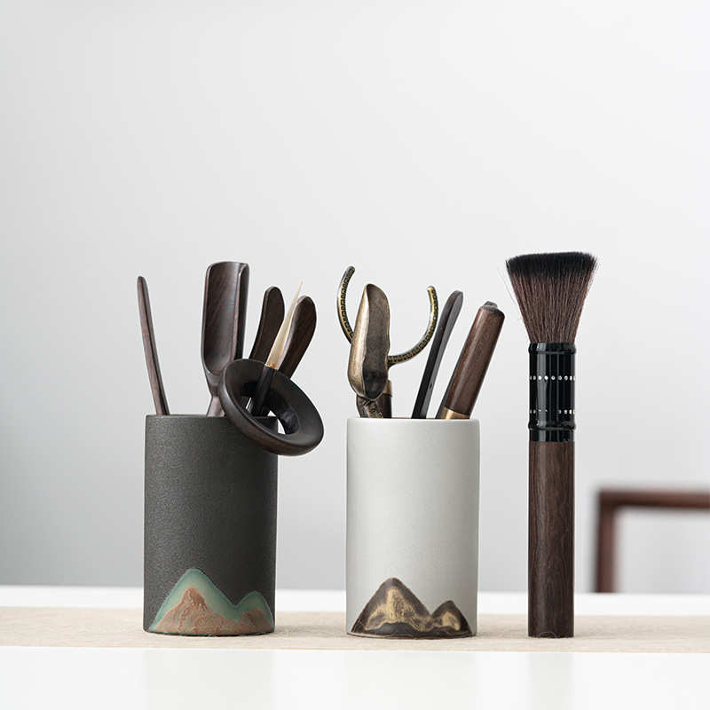 茶道六君子陶瓷黑檀木家用实木金属功夫茶具配件收纳筒六件套