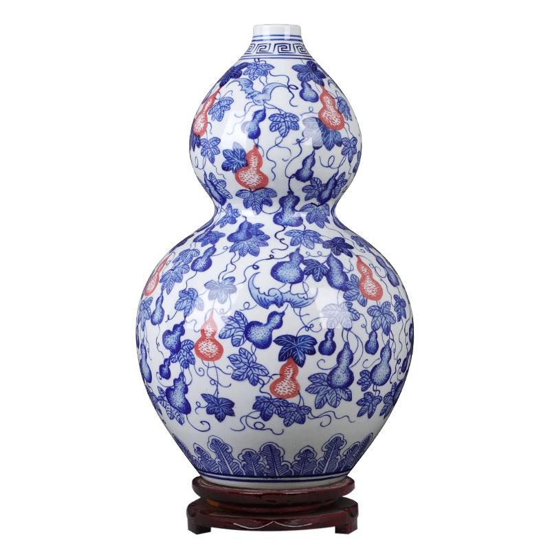 景德镇陶瓷摆器青花瓷彷酒釉古里红葫芦花青花釉里瓶客厅件家居柜