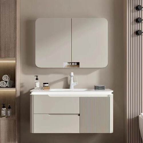 实木圆角隐藏式风水镜柜智能吊柜式组合卫生间洗手洗脸一体陶瓷盆