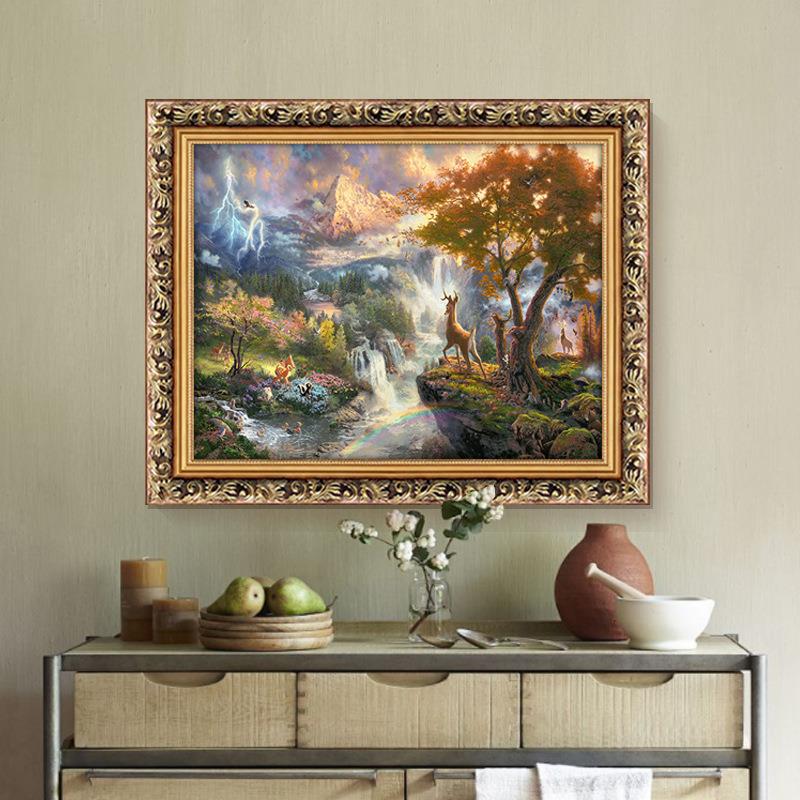 欧式餐厅装饰画客厅麋鹿山水风景仿油画美式饭厅挂画走廊壁画招财