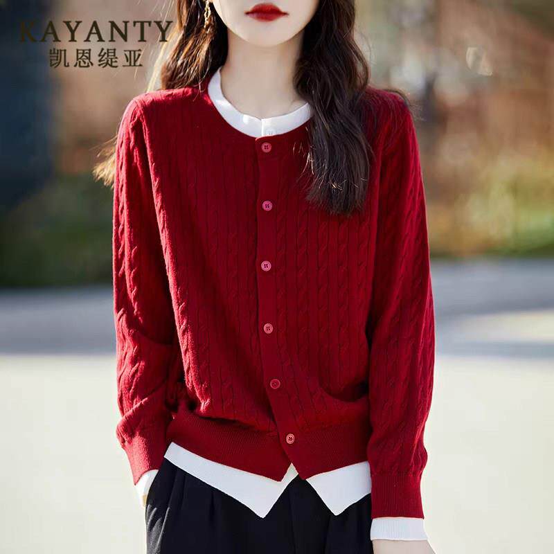 KAYANTY春季新款扭花宽松圆领撞色假两件羊毛开衫慵懒风外套上衣