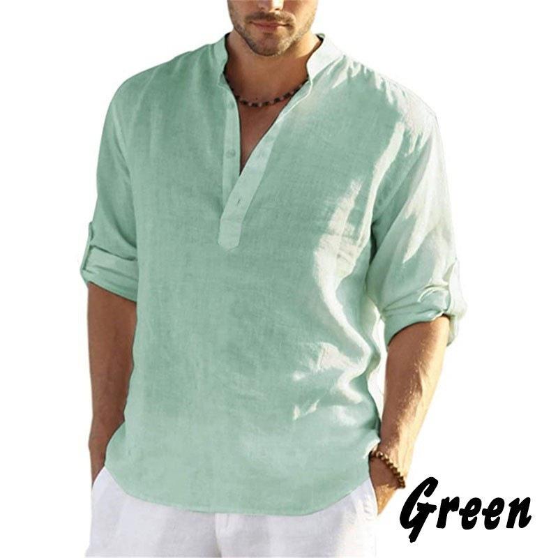 Men’s cotton-linen long-sleeve casual T-shirt with a Henley图片