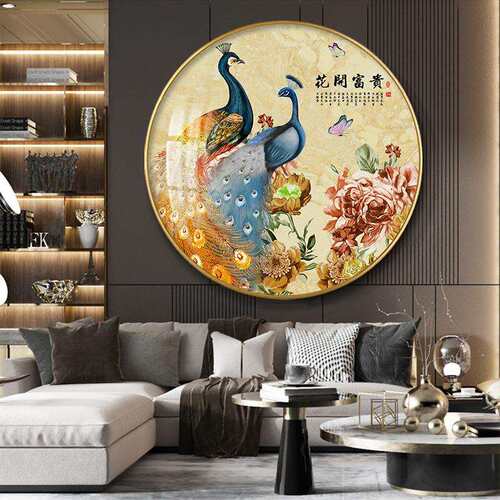 新款直销富贵孔雀圆形中式装饰画玄关挂画轻奢寓意好入户门口客厅