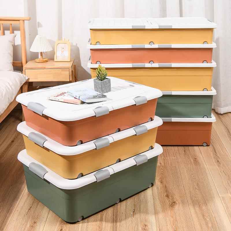 翻盖式加厚床底收纳箱家用衣服床下储物收纳箱塑料带轮扁平整理盒