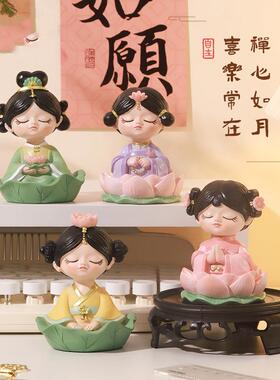 中式古风佛系少女桌面摆件好运莲莲女士办公室工位装饰品家居摆件