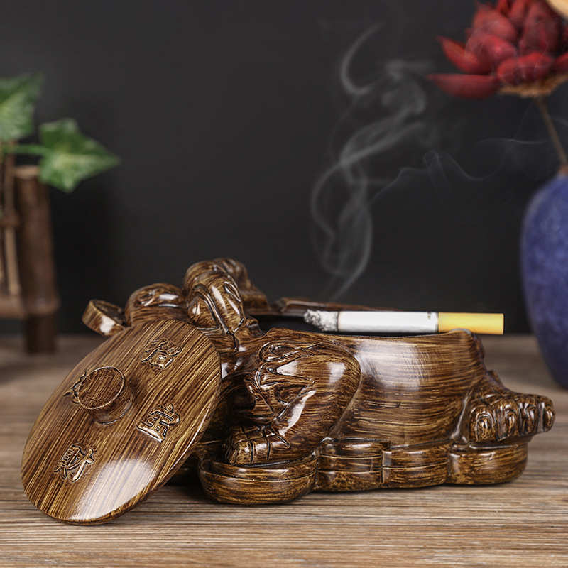 摆件烟灰缸仿木盖带复古烟缸防风木纹招财家用茶桌潮流时尚个性