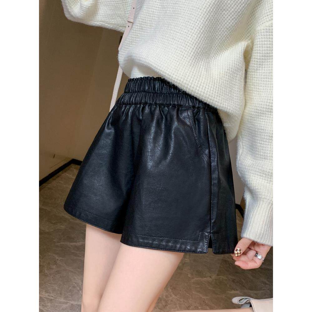 皮短裤女外穿2026新款春款高腰皮裤运动护腰阔腿显瘦宽松打底靴裤