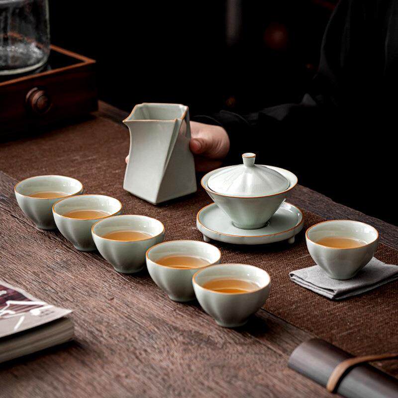 汝瓷茶具套装开片简约大气盖碗套组家用送礼茶杯泡茶套装厂家直销