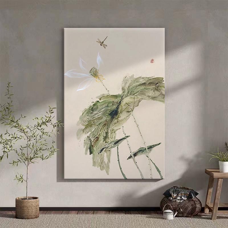 荷花蜻蜓纯手绘油画新中式玄关装饰画客厅抽象禅意丙烯肌理画挂画图片