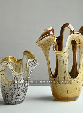 现代极简风镂空花瓣石纹玻璃花器手工彩色鲜花插花器家居花瓶摆件
