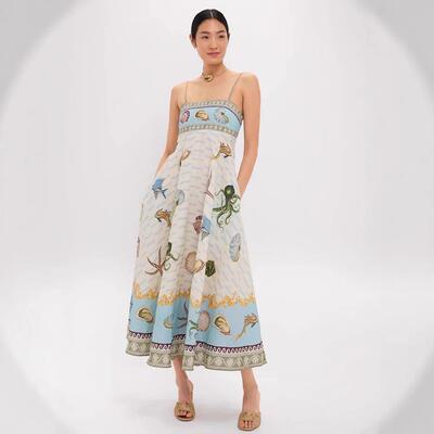 New Women's High-Waisted Linen Dress Summer Floral Cami