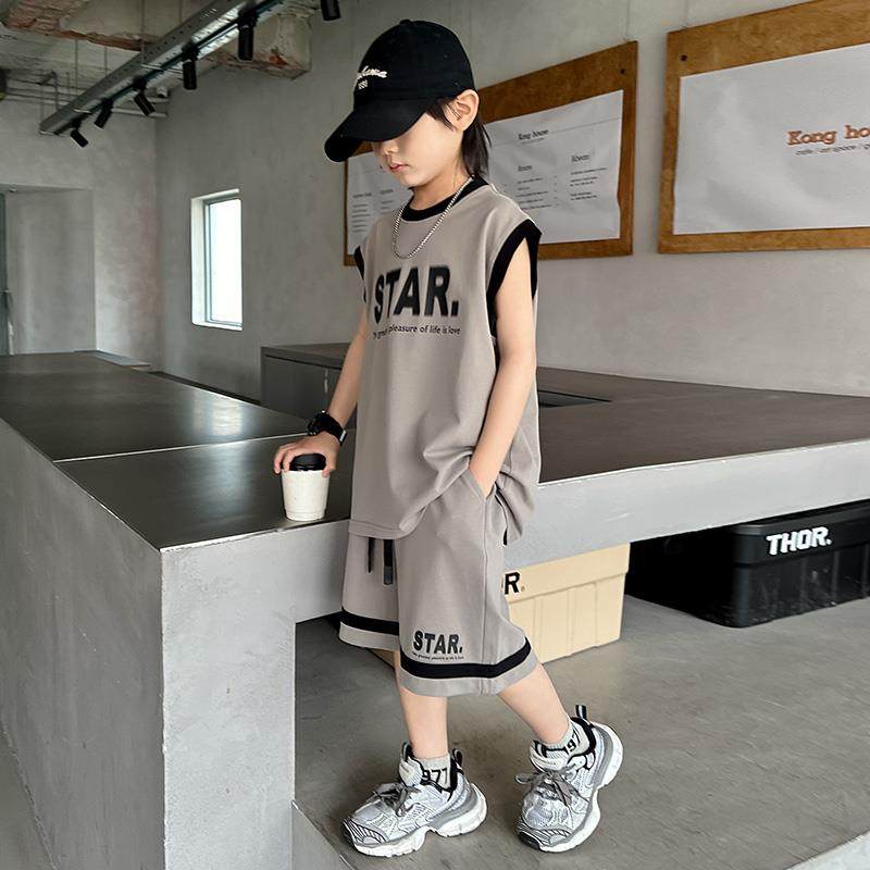 法国男童无袖套装夏季2024新款儿童夏装背心篮球运动服大童装男孩