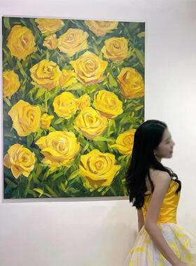 《玫瑰的故事》黄色玫瑰客厅装饰画油画感小清新艺术玄关过道挂画