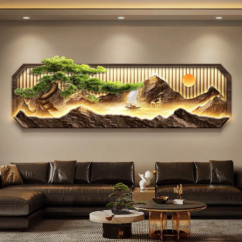 新中式客厅装饰画背有靠山电视沙发背景墙挂画高级感迎客松壁饰画