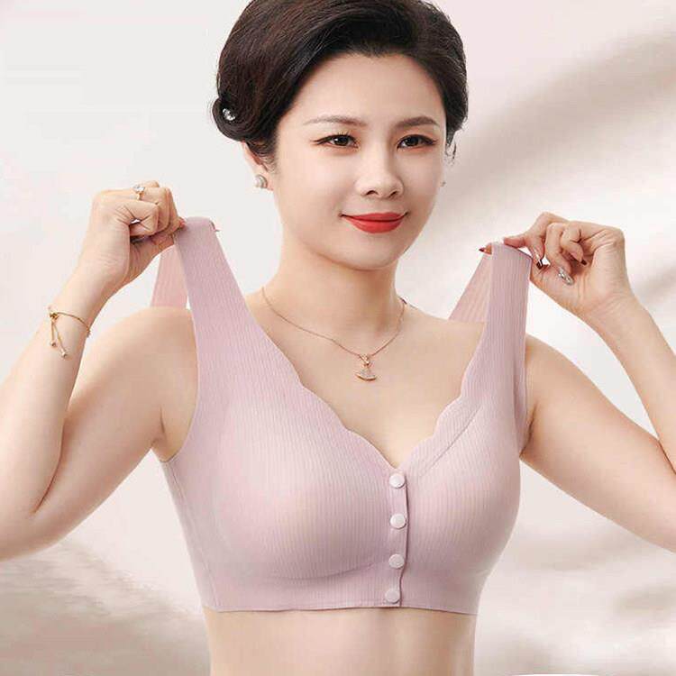 妈妈夏季冰丝前扣内衣女士无钢圈聚拢胸罩中老年人大尺码背心式胸