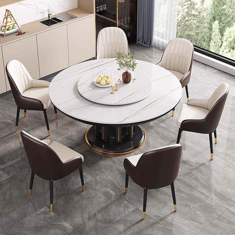 高端岩板餐桌椅组合现代简约家用小户型轻奢圆形实木大圆桌带转盘