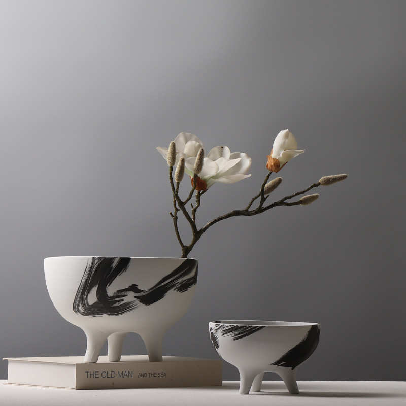 现代简约水墨陶瓷三足花盆样板房创意插花花器茶几餐桌工艺品摆件