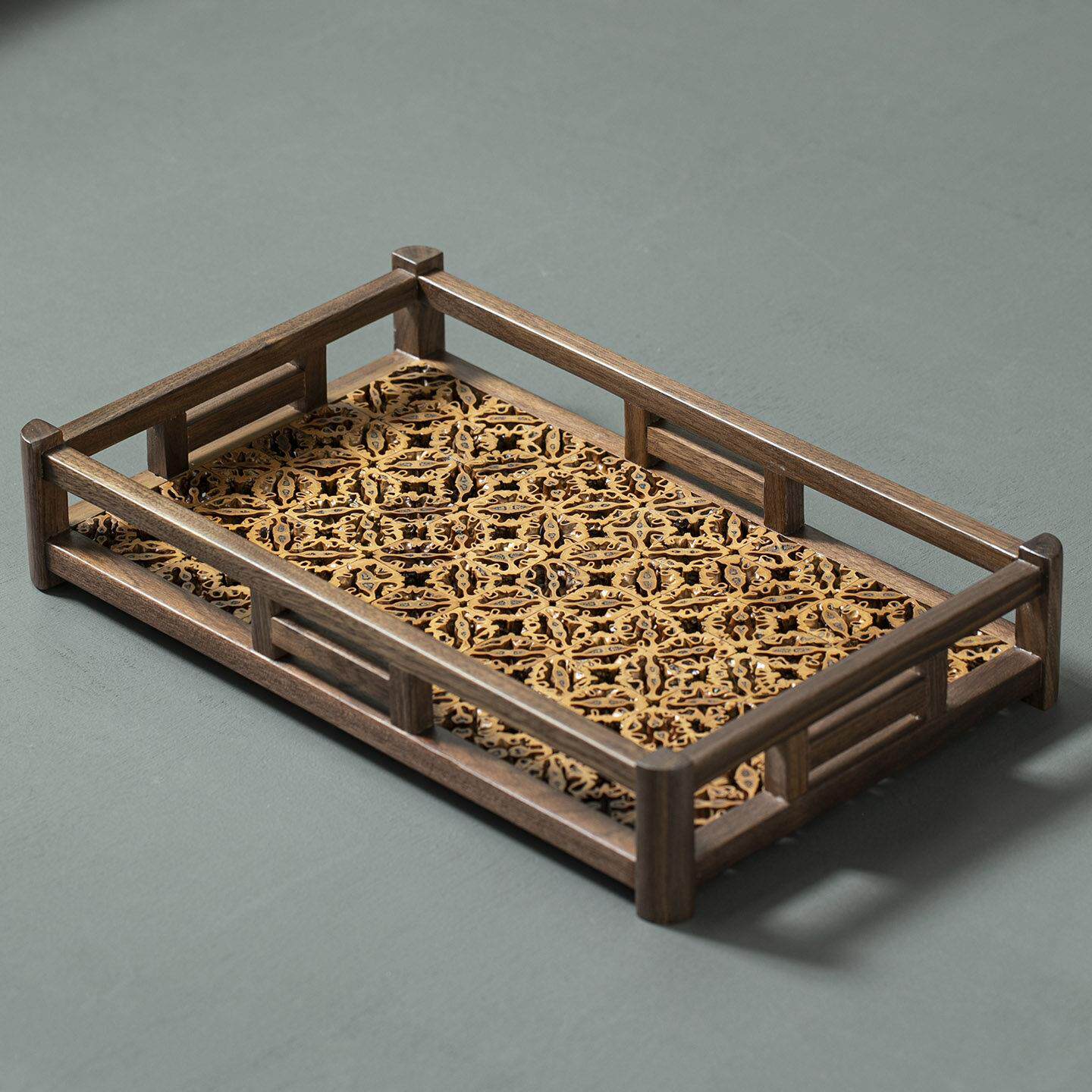 北美黑胡桃木新中式文玩核桃收纳盘镂空实木功夫茶具中式茶道托盘