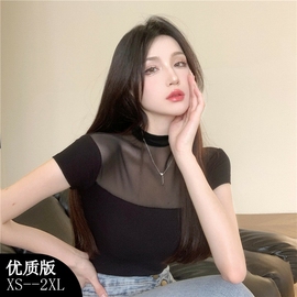 网纱拼接短袖t恤女韩版时尚，蕾丝纯欲女装夏季辣妹小众黑色上衣潮