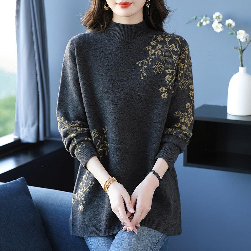 中老年妈妈洋气中长款毛衣秋冬大码半高领羊毛衫女宽松遮肚打底衫