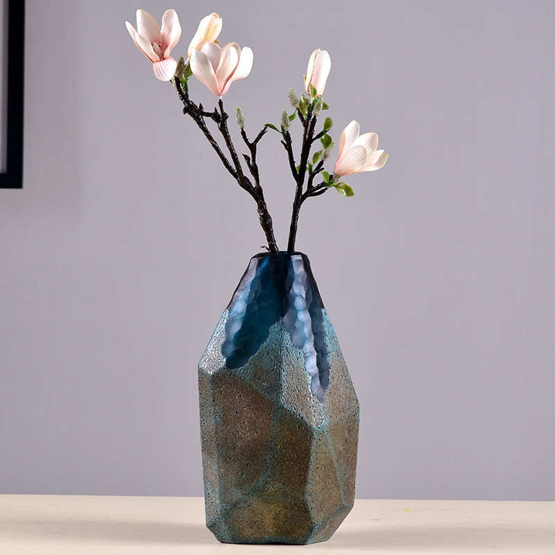 厂家直销欧式蓝色几何磨刻玻璃花瓶 客厅花插摆件酒店样板间装饰