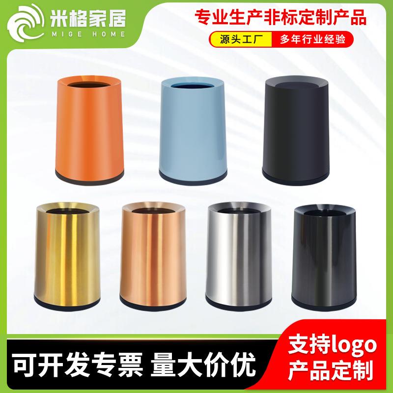 佛山不锈钢无盖垃圾桶写字楼商用桶KYV房间酒店卫生双层圆形桶图片
