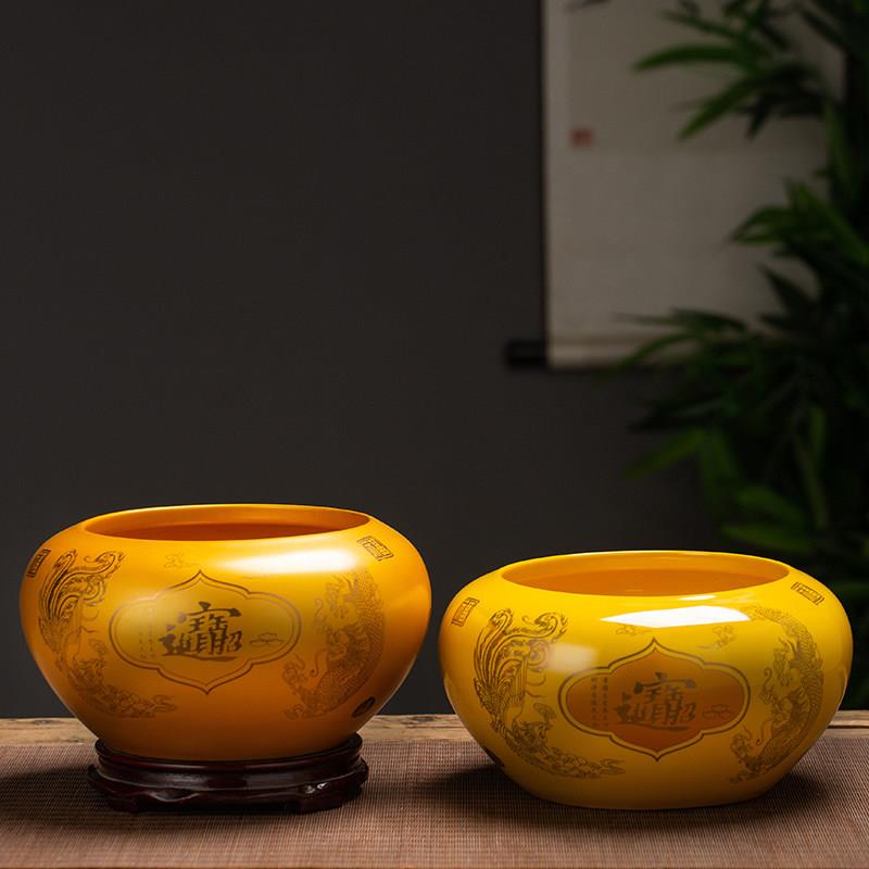 景德镇陶瓷聚宝盆摆件招财聚财黄色陶土招财进宝吉财乔迁开业礼品