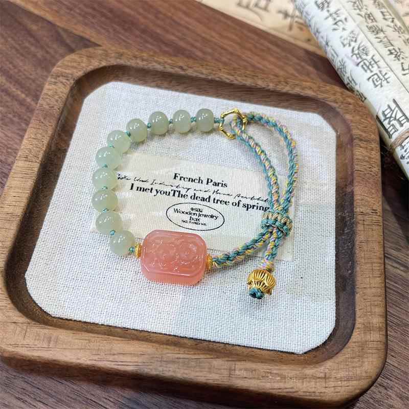 巧恩天然玉石和田青玉算盘珠手工编织棉麻绳女盐源玛瑙牌厂家直销