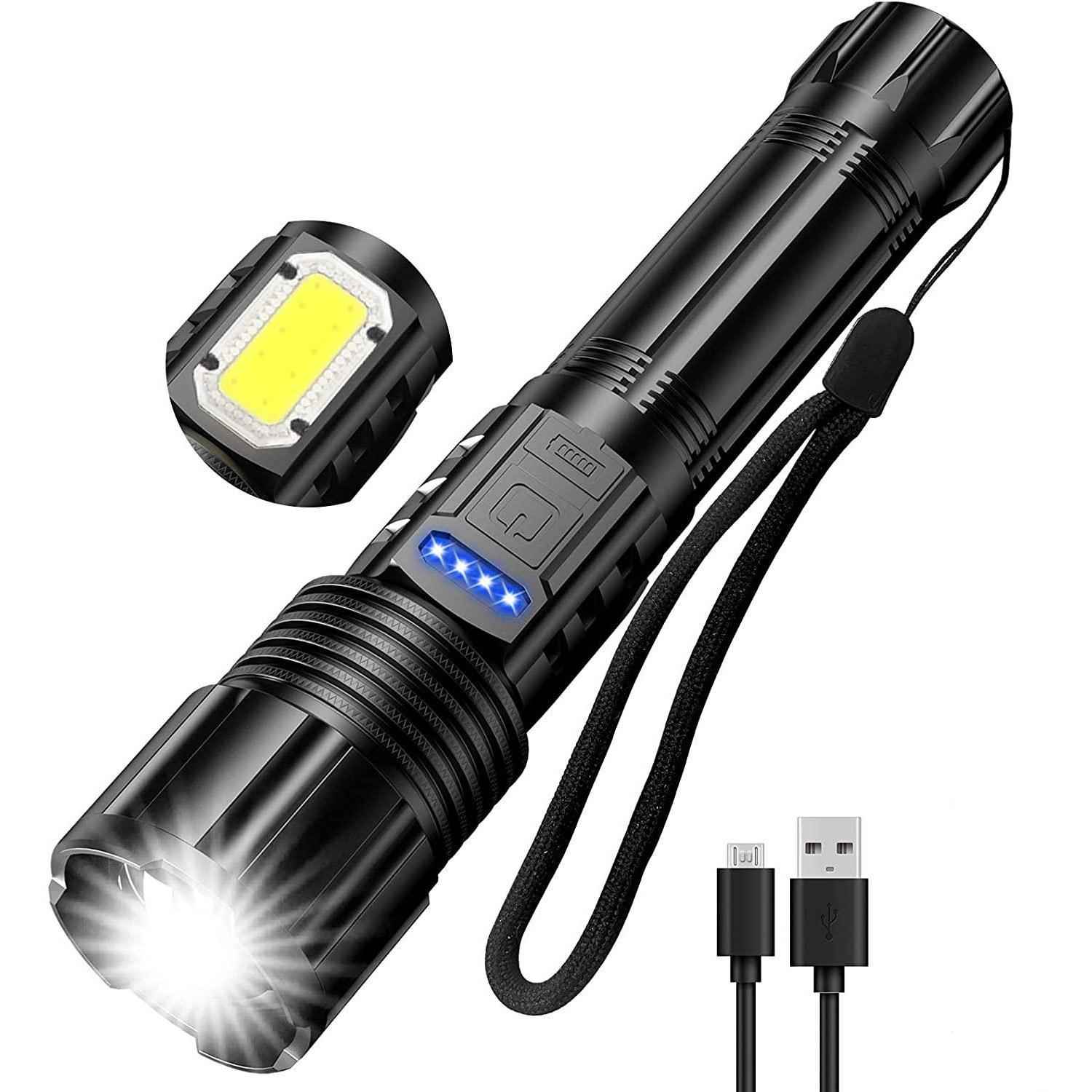 跨境新款p铝合金伸缩变焦led手电筒 usb充电强光远射cob工作灯