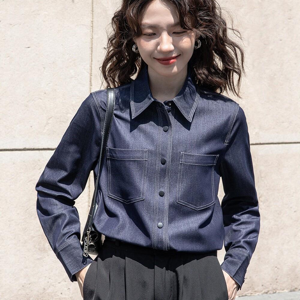 深蓝色正肩复古牛仔衬衫女春秋2026新款叠穿内搭小个子港风软上衣