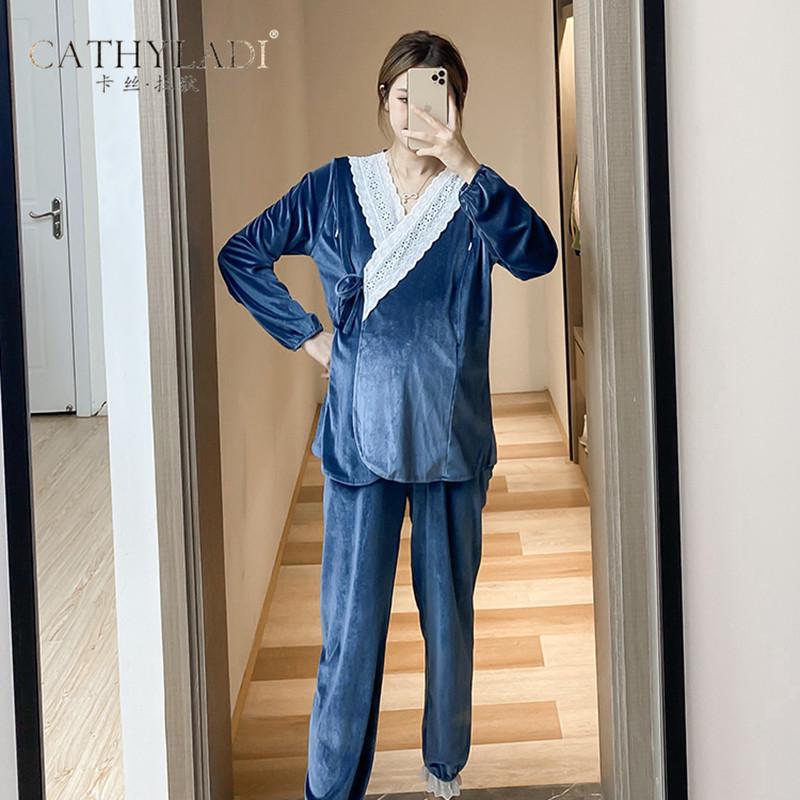 CATHYLADI孕妇睡衣春秋产妇家居服高级感金丝绒产后哺乳月子服女