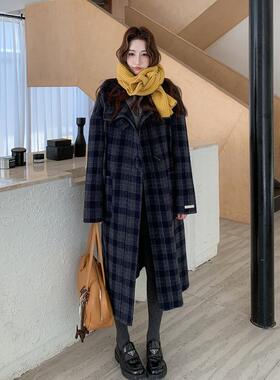 松蓝色深格纹连帽双面款呢羊毛大衣女冬学院风宽中长毛C172-D2呢