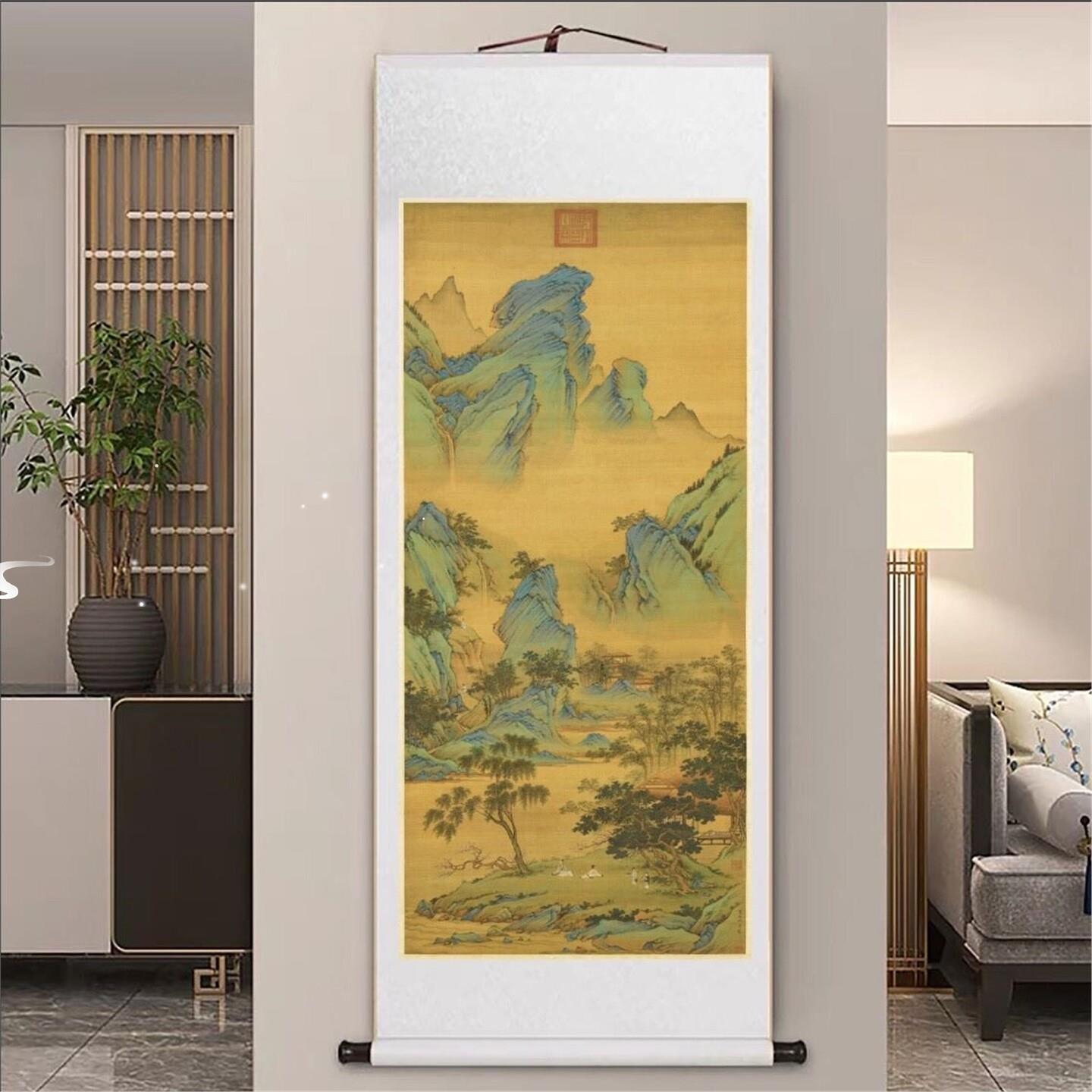 仇英春山吟赏图中式装饰画山水画国画古代名画玄关茶楼挂画卷轴画