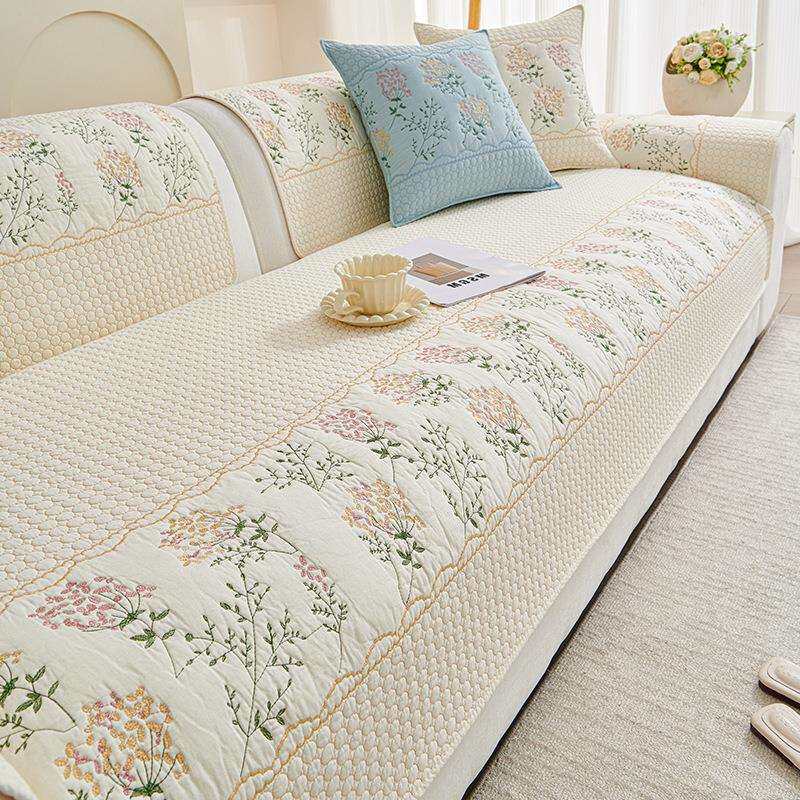 重工刺绣奶油风沙发垫法式夏季防滑水洗棉高级简约盖布靠背沙发套