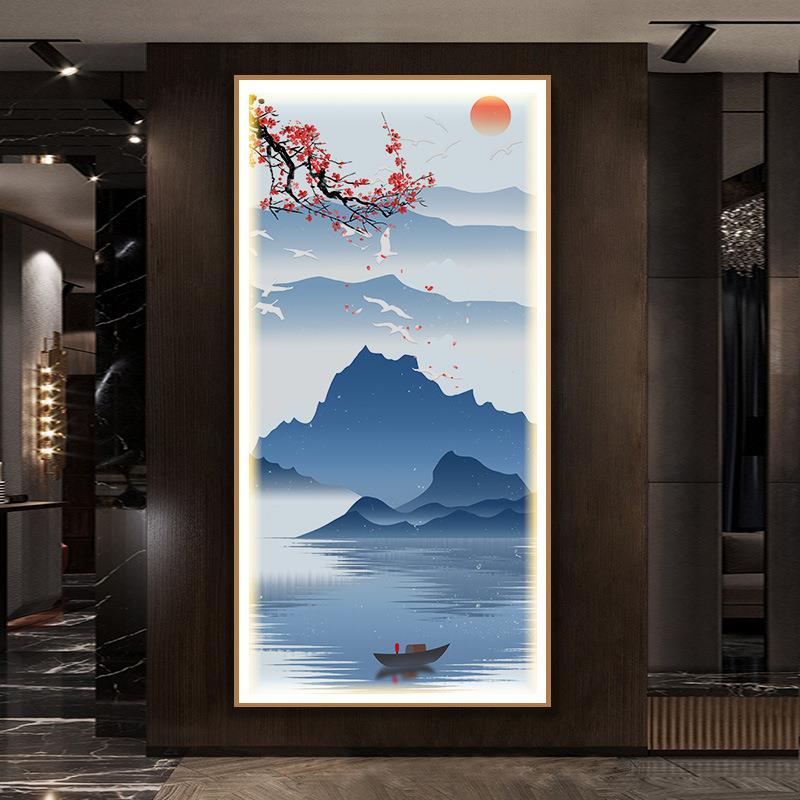 新中式玄关竖版发光装饰字画 LED灯画走廊过道挂画水墨山水画国画
