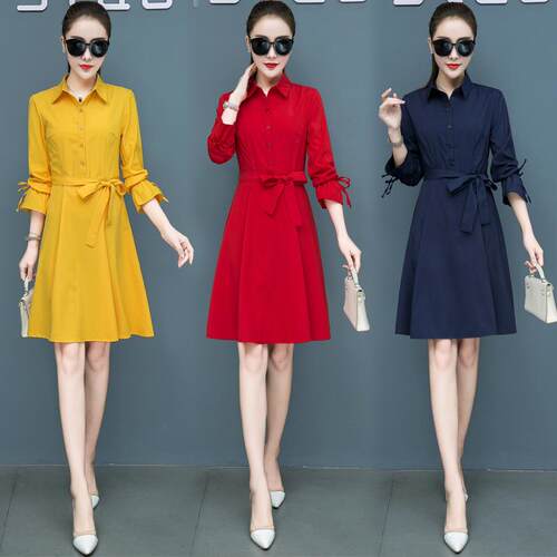 Women Long Dress 红色长袖连衣裙春秋冬网红流行气质女裙
