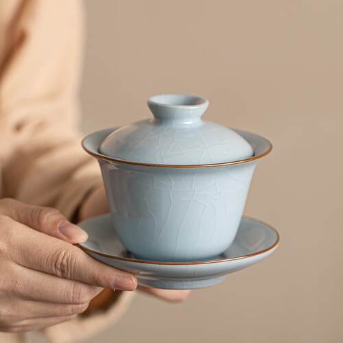 汝窑盖碗 家用陶瓷三才盖碗大号泡茶杯茶碗 开片可养金丝铁线