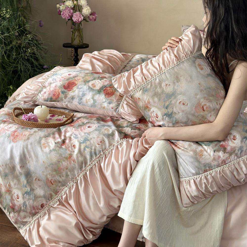 莫奈油画法式长绒棉玫瑰花卉印花四件套纯棉被套花边床上用品