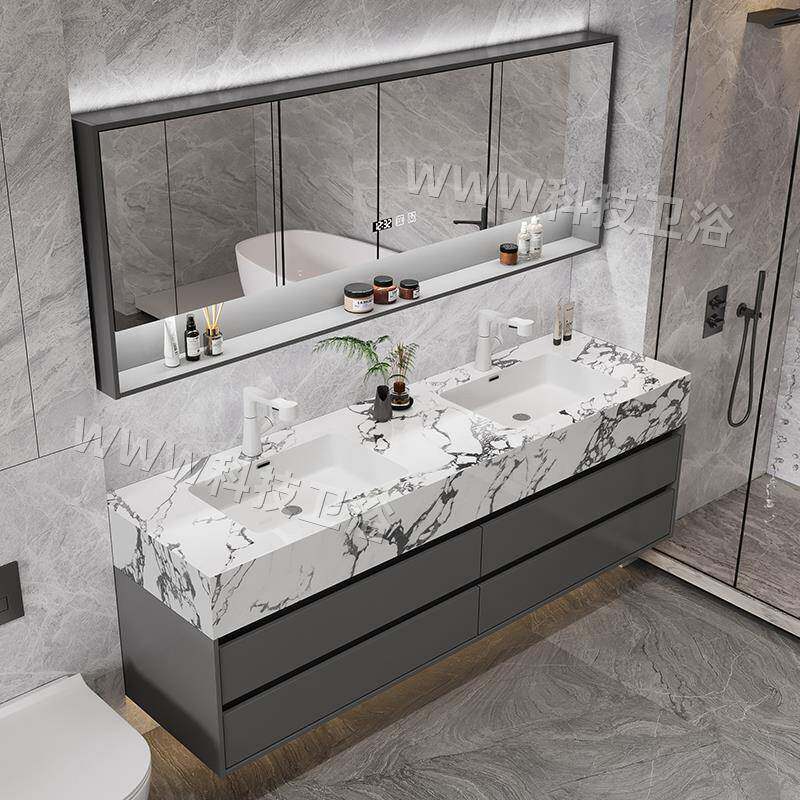 IL卫生间无缝衔接一体双盆洗手台浴室柜组合定制轻奢智能双槽洗