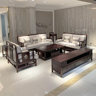 新中式沙发黑檀木实木禅意布艺沙发组合小户型现代简约风客厅家具