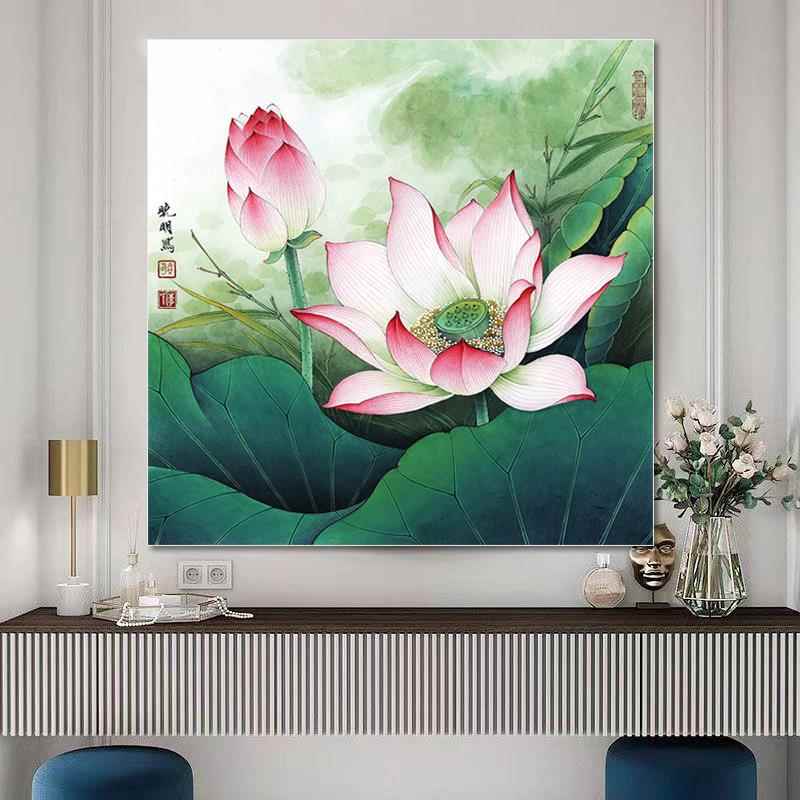荷花贴画方形贴画厨房装饰画荷花自粘画卫生间墙画有框画挂画定制图片